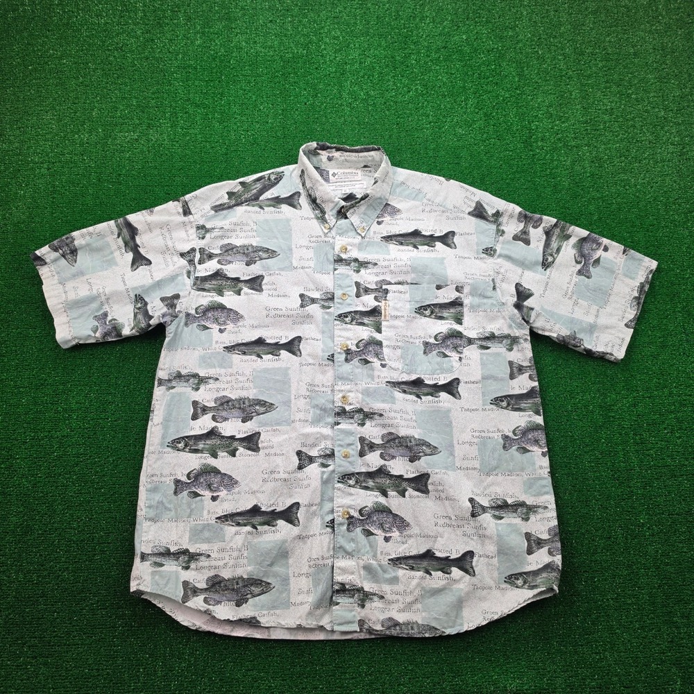 Vintage Columbia Shirt Mens XL Fish Species Print All Over Spotted Bass Sunfish